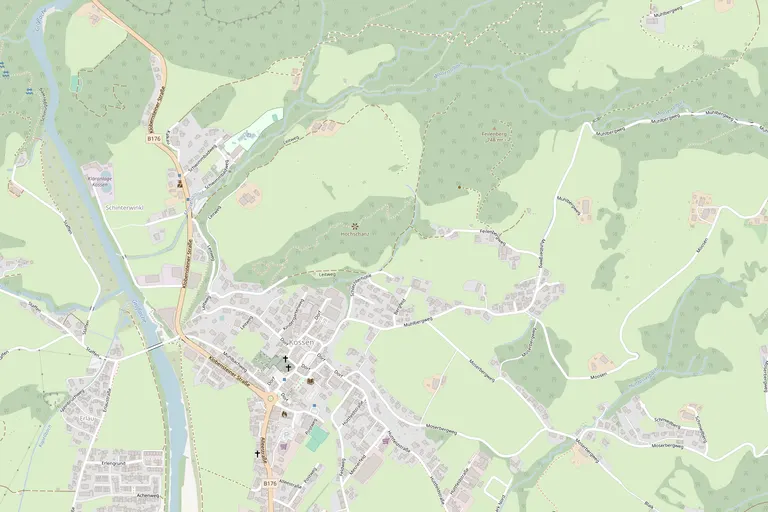 Kartenausschnitt von Kössen mit markierter Lage der Ferienwohnung Achhorner am Mühlbergweg